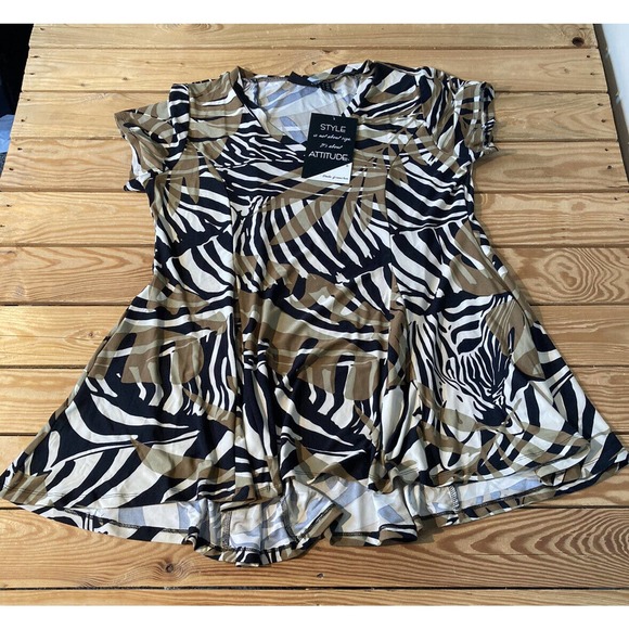 NEW Attitudes by Renee Set of 2 Zebra Knit Godet Top Petite Large Women’s Taupe - Picture 2 of 9